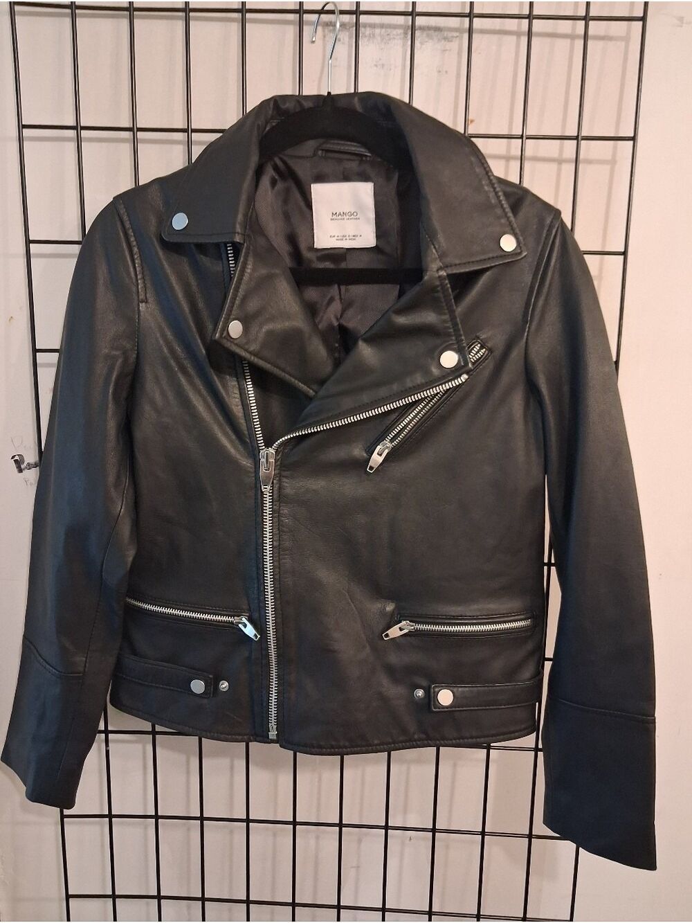 Mango Black Genuine Sheep Leather Full Zip Biker Jacket